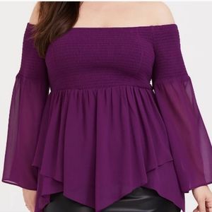 Torrid purple chiffon smocked off the shoulder top